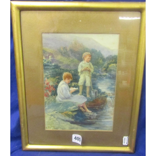 405 - Edith Hume (1843–1906) 'Children by a stream' watercolour 24x17cm signed lower left