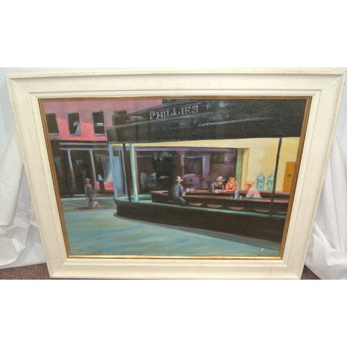 418 - DK Woods 'Nighthawks' (after Edward Hopper) oil on canvas 42x56cm signed lower right