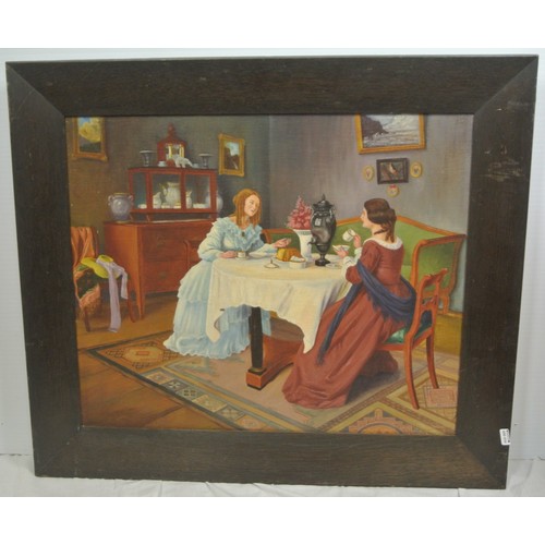 363 - English School 'Afternoon tea' oil on board, 48x58cm, signed indistinctly lower left