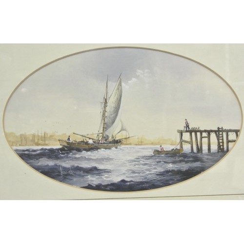 371 - Ken Hammond 'Sailing off a pier' oval watercolour 15x25cm signed lower left