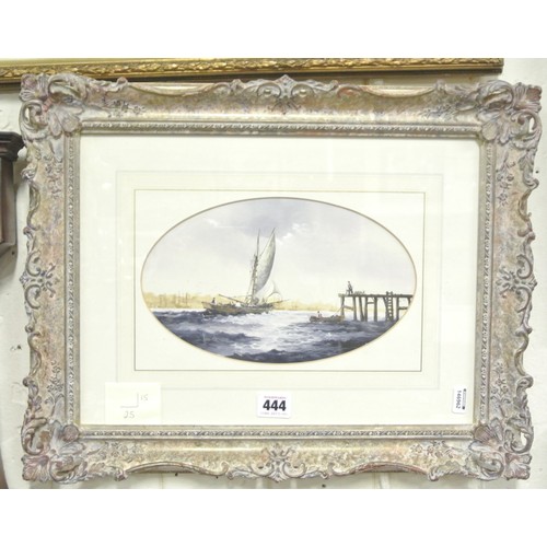 371 - Ken Hammond 'Sailing off a pier' oval watercolour 15x25cm signed lower left