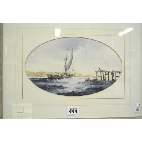 371 - Ken Hammond 'Sailing off a pier' oval watercolour 15x25cm signed lower left