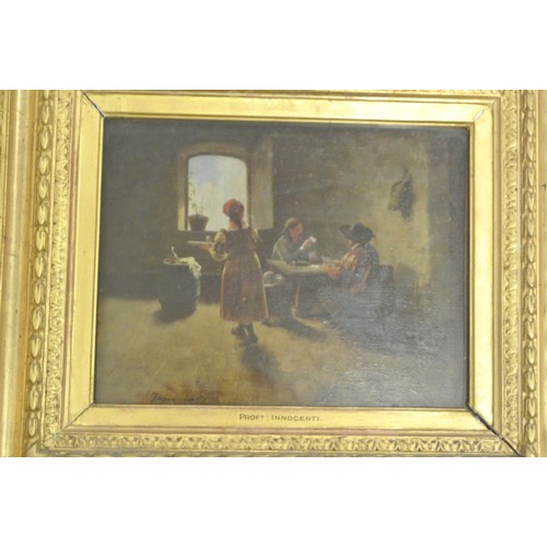 399 - After Camillo Innocenti 'Figures playing cards in an interior' oil on board 20x26cm