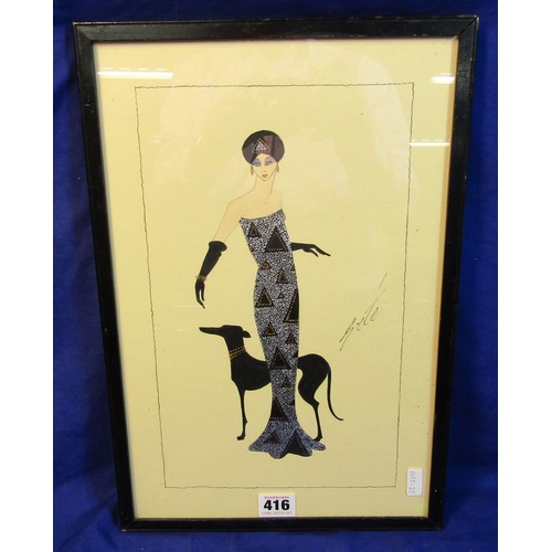 416 - After Romain de Tirtoff 'Erte' 'French lady with dog'  watercolour 19x30cm signed centre right