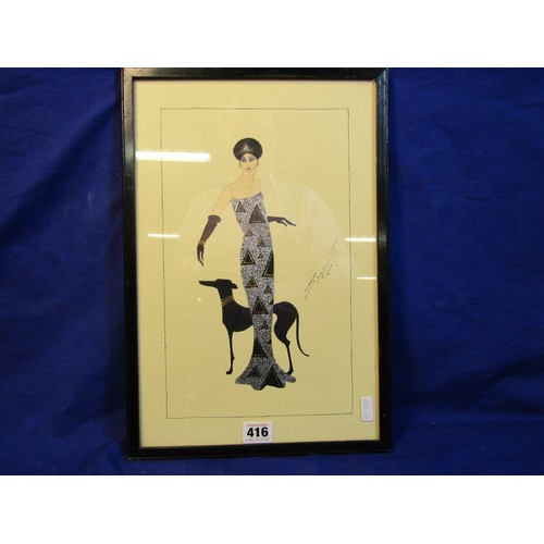 416 - After Romain de Tirtoff 'Erte' 'French lady with dog'  watercolour 19x30cm signed centre right