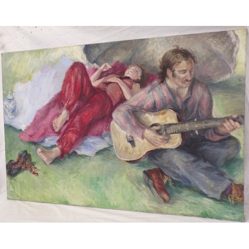 436 - Irish school 'Playing the guitar' oil on canvas, 68x102cm, signed indistinctly