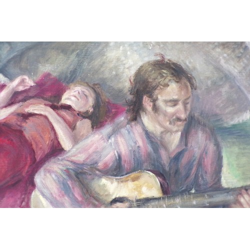 436 - Irish school 'Playing the guitar' oil on canvas, 68x102cm, signed indistinctly