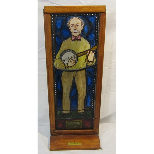 427 - James Cox 'Percy French' stained glass panel in timber frame, 44x16cm, signed lower right