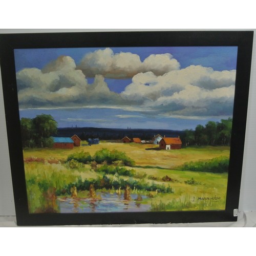 430 - J Mannochio 'Rural scene with buildings' oil on canvas, 50x61cm, signed lower right