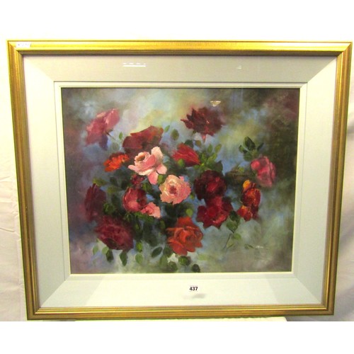 437 - Judy Glynn 'Still life study with roses' oil on canvas, 49x59cm, sign ed lower right