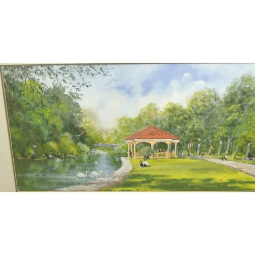 438 - Deirdre Dunne 'Riverside pagoda' oil on board 36x66cm signed lower left