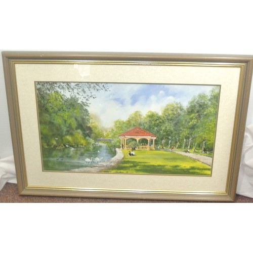 438 - Deirdre Dunne 'Riverside pagoda' oil on board 36x66cm signed lower left