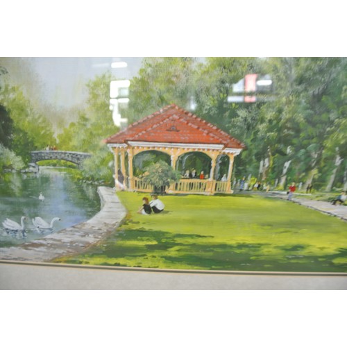 438 - Deirdre Dunne 'Riverside pagoda' oil on board 36x66cm signed lower left