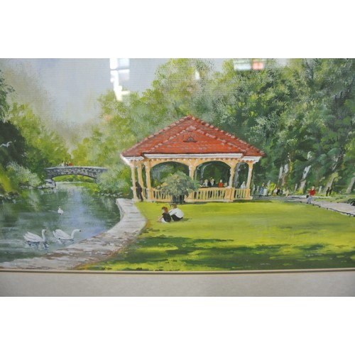 438 - Deirdre Dunne 'Riverside pagoda' oil on board 36x66cm signed lower left