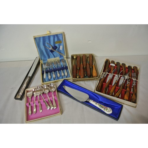 Brass pipe cleaning set, assorted cutlery, etc, in box