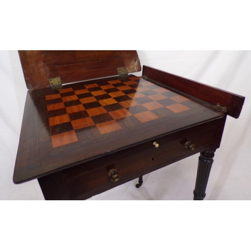 21 - William IV mahogany bachelors games table with lift-up top, pull-out slide, frieze drawer, reeded tu... 
