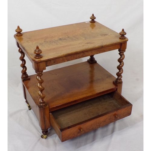 29 - Victorian walnut two tier occasional table with barleytwist columns, frieze drawer, brass castors