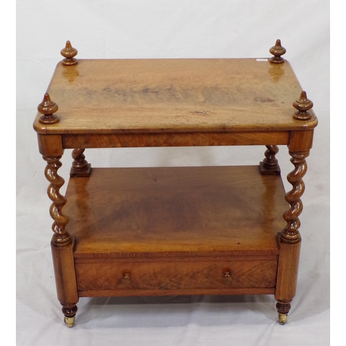 29 - Victorian walnut two tier occasional table with barleytwist columns, frieze drawer, brass castors