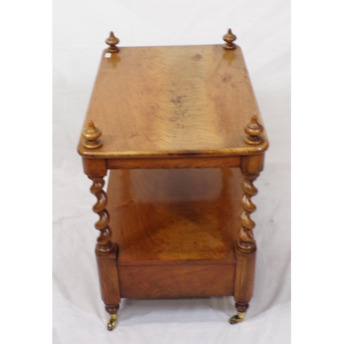 29 - Victorian walnut two tier occasional table with barleytwist columns, frieze drawer, brass castors