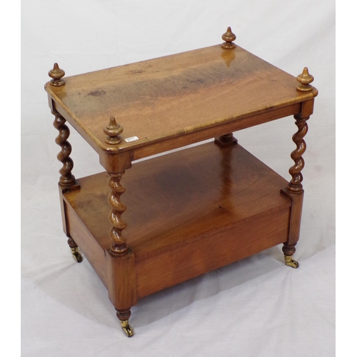 29 - Victorian walnut two tier occasional table with barleytwist columns, frieze drawer, brass castors