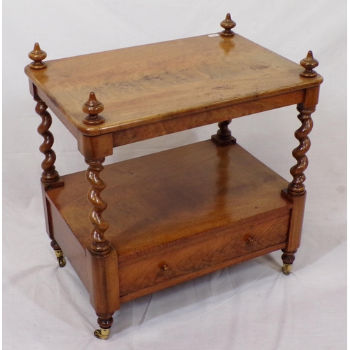 29 - Victorian walnut two tier occasional table with barleytwist columns, frieze drawer, brass castors