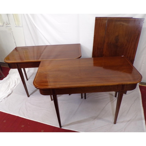 50 - Pair of Edwardian inlaid mahogany side or alcove tables with rounded borders, on inlaid tapering leg... 