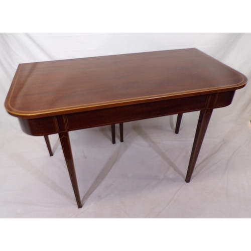 50 - Pair of Edwardian inlaid mahogany side or alcove tables with rounded borders, on inlaid tapering leg... 