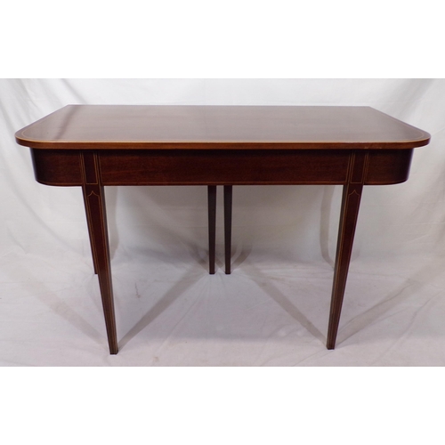 50 - Pair of Edwardian inlaid mahogany side or alcove tables with rounded borders, on inlaid tapering leg... 