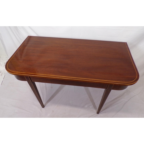 50 - Pair of Edwardian inlaid mahogany side or alcove tables with rounded borders, on inlaid tapering leg... 
