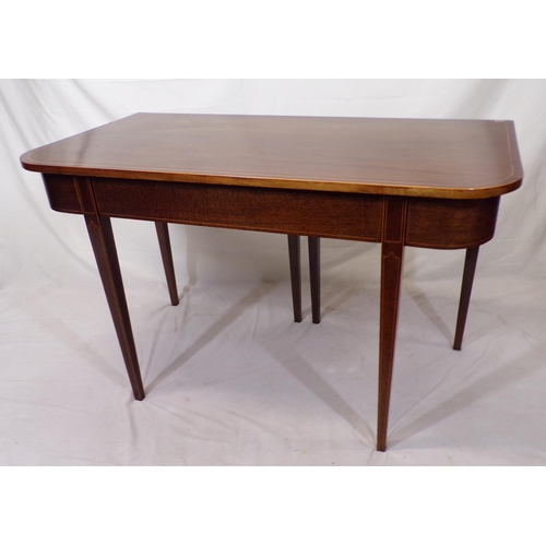 50 - Pair of Edwardian inlaid mahogany side or alcove tables with rounded borders, on inlaid tapering leg... 