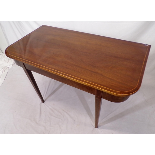 50 - Pair of Edwardian inlaid mahogany side or alcove tables with rounded borders, on inlaid tapering leg... 