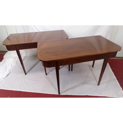 50 - Pair of Edwardian inlaid mahogany side or alcove tables with rounded borders, on inlaid tapering leg... 