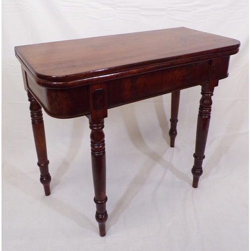 55 - Victorian mahogany tea table with swivel fold over top, rounded corners, raised on turned tapering l... 