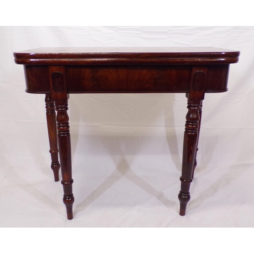 55 - Victorian mahogany tea table with swivel fold over top, rounded corners, raised on turned tapering l... 
