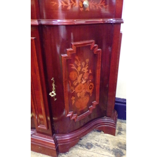 125 - French style serpentine fronted display cabinet with scroll decorated pediments, foliate inlay, shap... 