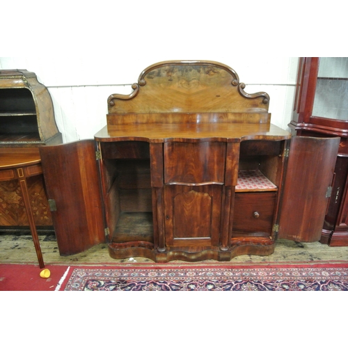 135 - Victorian mahogany chiffonier with shaped scroll decorated back, centre drawer and press, two side p... 