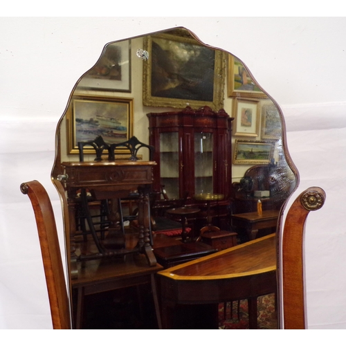 171 - Art Deco style cheval mirror with shaped top, timber columns, on shaped legs