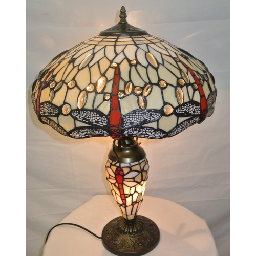 177 - Art Deco style electric lamp with ornate panelled and butterfly decorated shade and shaped base