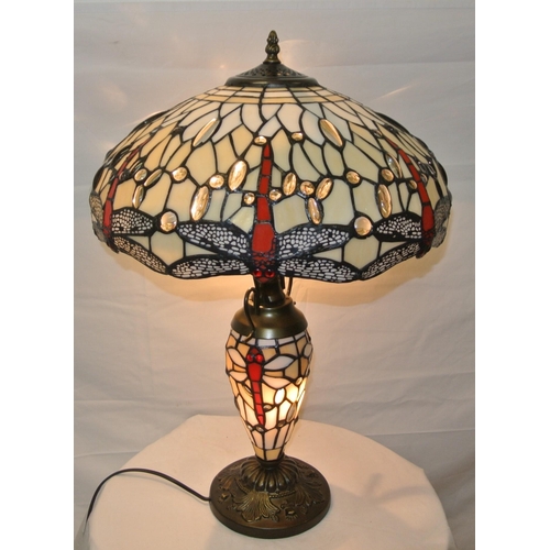 177 - Art Deco style electric lamp with ornate panelled and butterfly decorated shade and shaped base