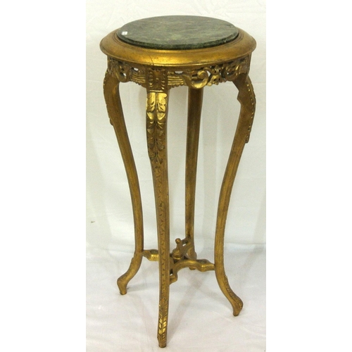 131 - Victorian style round gilt jardinere stand with marble inset, on foliate carved shaped legs