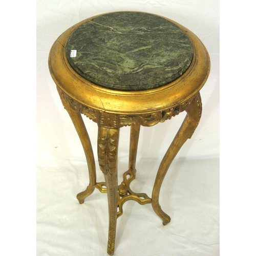 131 - Victorian style round gilt jardinere stand with marble inset, on foliate carved shaped legs