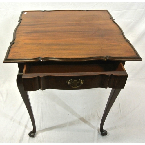 146 - Edwardian style mahogany square occasional table with shaped raised borders, frieze drawer with bras... 