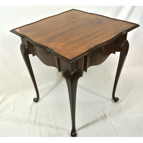 146 - Edwardian style mahogany square occasional table with shaped raised borders, frieze drawer with bras... 