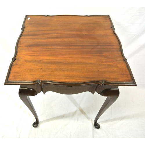 146 - Edwardian style mahogany square occasional table with shaped raised borders, frieze drawer with bras... 