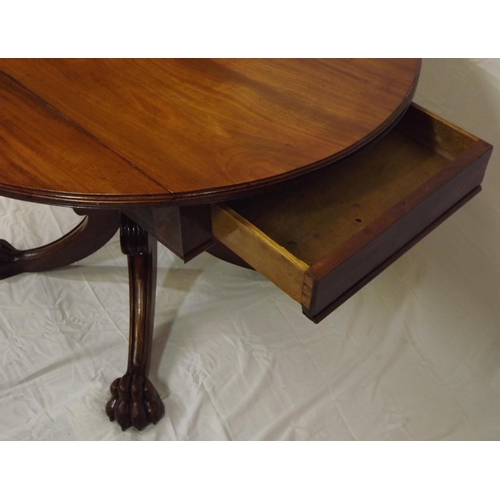 150 - Georgian mahogany dropleaf table with D-shaped drop leaves, pull-out supports, frieze drawer, on tur... 