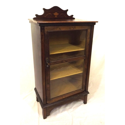 16 - Edwardian mahogany display cabinet with inlaid pediment, glazed door, shelved interior, on bracket f... 