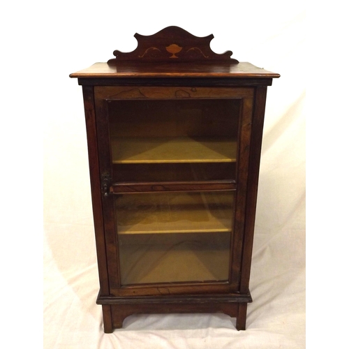16 - Edwardian mahogany display cabinet with inlaid pediment, glazed door, shelved interior, on bracket f... 