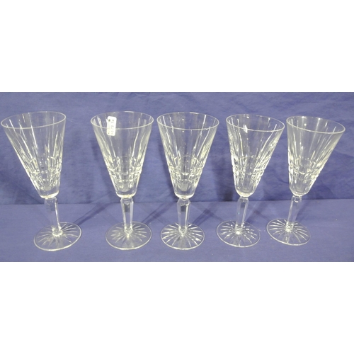 162 - Set of five Waterford Crystal cut glass wine glasses with faceted decoration and round bases