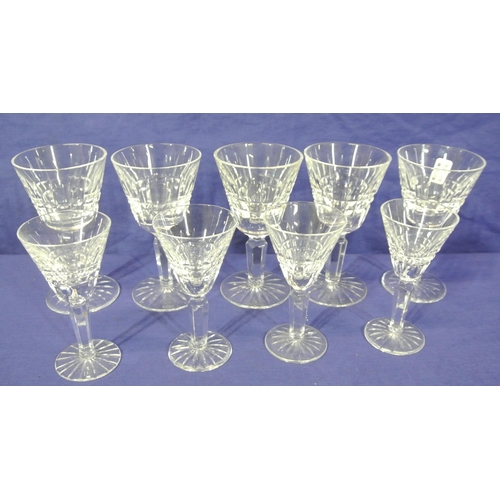 164 - Five Waterford Crystal stemmed sherry glasses and four liqueur glasses with round bases