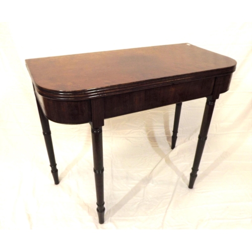 165 - Victorian mahogany tea table with fold-over top, reeded borders, pull-out gate leg support, on turne... 